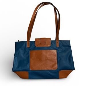 Tory Burch Vintage Trendy Blue and brown nylon tote bag with leather trim